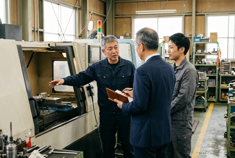 工場の現場で話を聞き取る様子