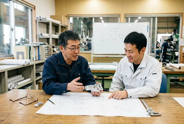 取引先の技術者と図面を囲んで話す様子