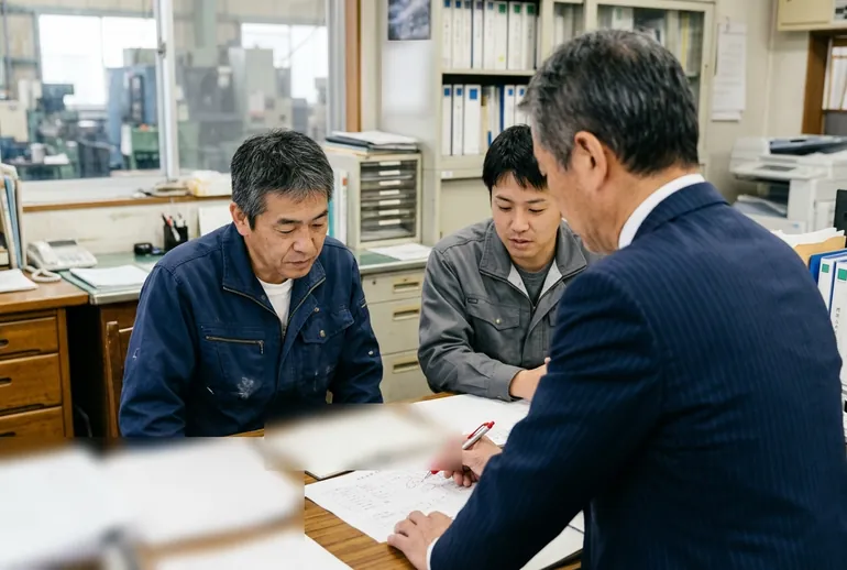 社長と専門家が提案資料を見直し、キーパーソンへの提案を練る作戦会議