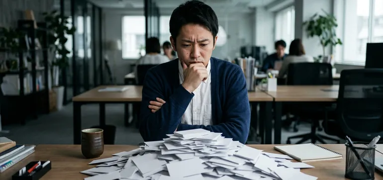 展示会で集めた大量の名刺を前に、どこから当たるか迷う営業担当者