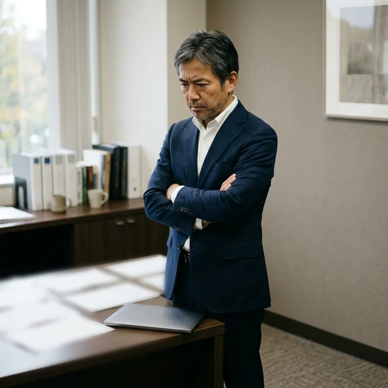 事務所の机の横で腕を組み、考え込む経営者