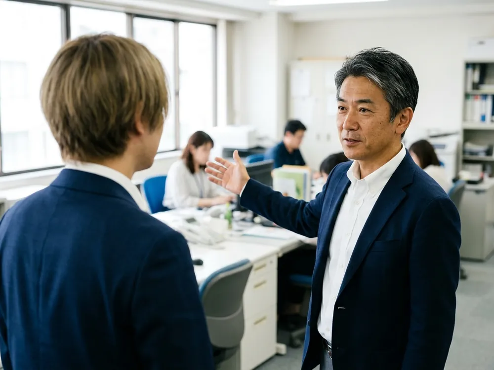 社内を案内しながら、専門家に説明する経営者