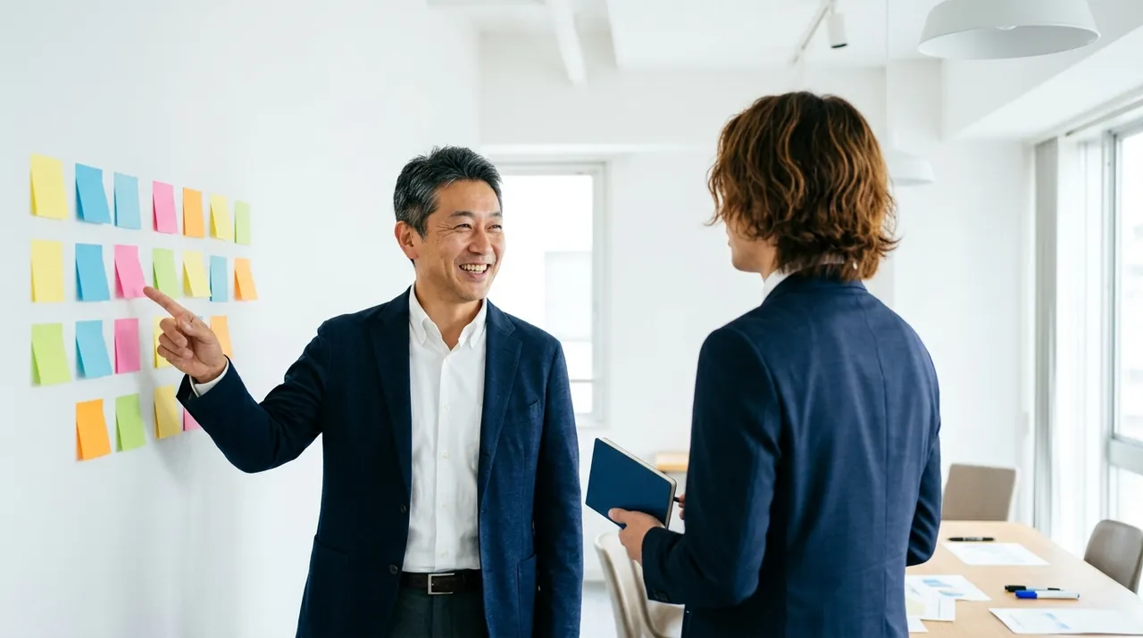 壁の付箋を指さしながら、専門家と話し合う経営者