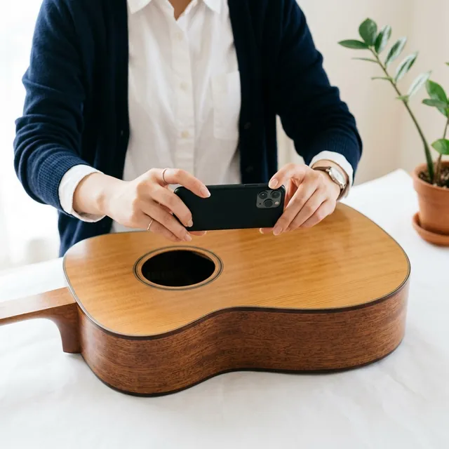 ギターをスマートフォンで撮影する手元