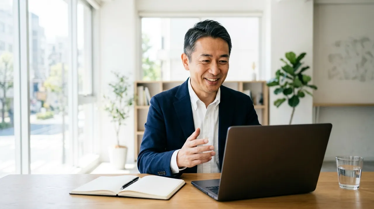 事務所でオンラインの相談を受ける経営者