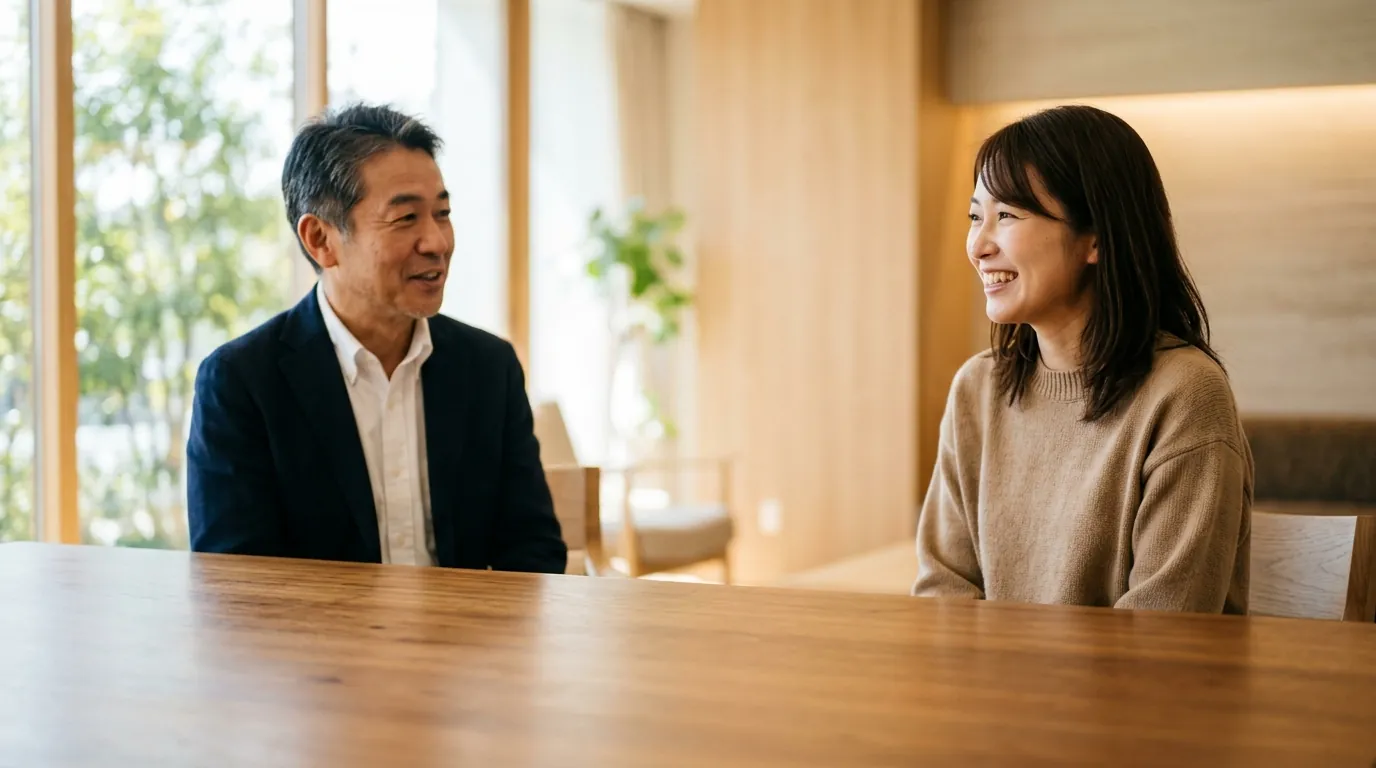 商談スペースで、笑顔で話すお客様と経営者