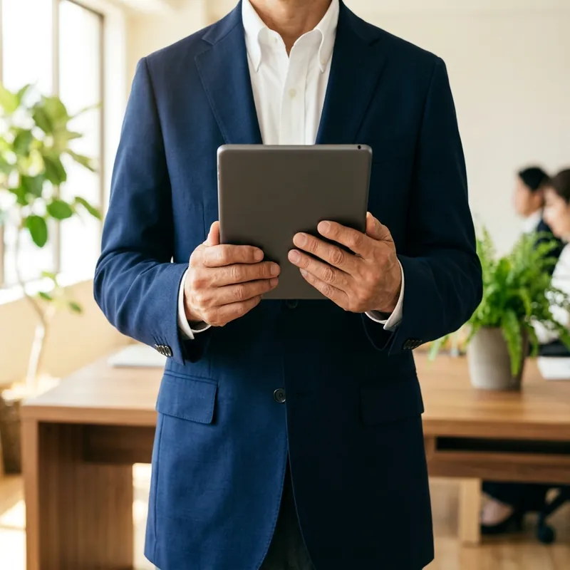 明るい事務所で、タブレットを手にする経営者