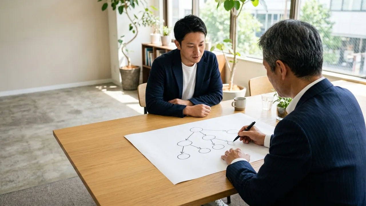 スタートアップの経営者と専門家が、提案先の関係者を図に描きながら話し合う様子