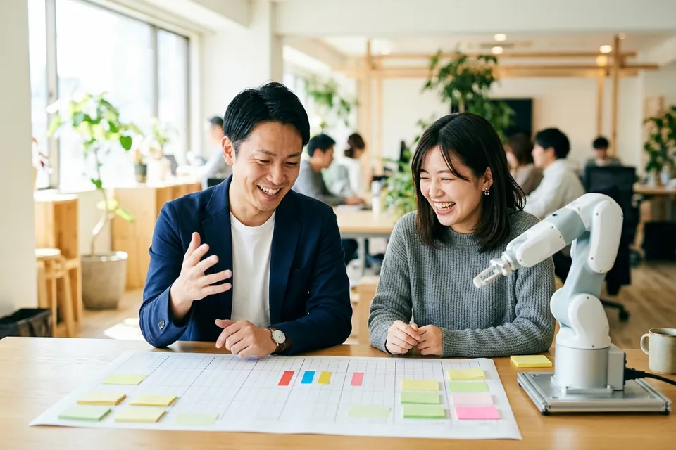 案件の一覧を前に、手応えを感じて話し合う経営者と社員