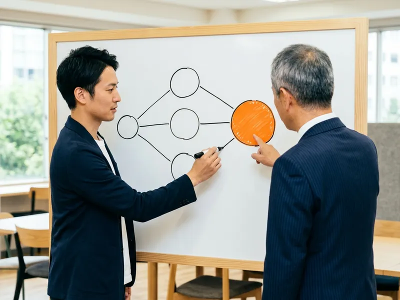 提案先の担当者の先にいる関係部門と決裁者を、図に描いて整理する様子