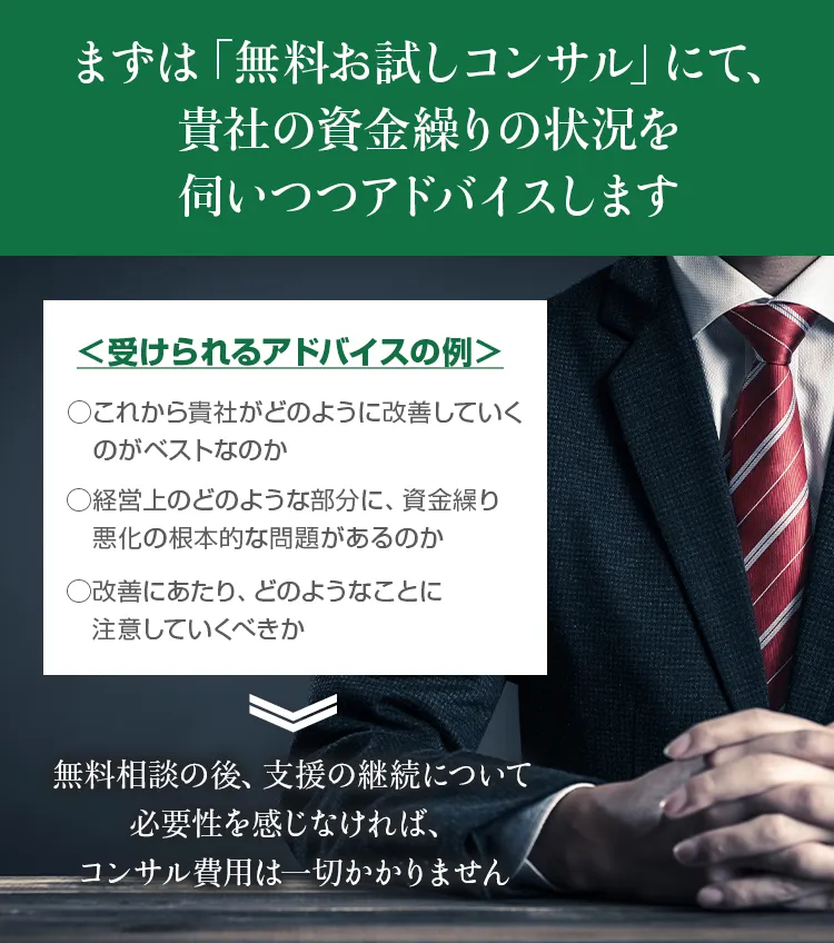 まずは「無料お試しコンサル」にて、貴社の資金繰りの状況を伺いつつアドバイスします。具体的には、ベストな改善方法、根本的な問題解決、改善にあたっての注意点など。